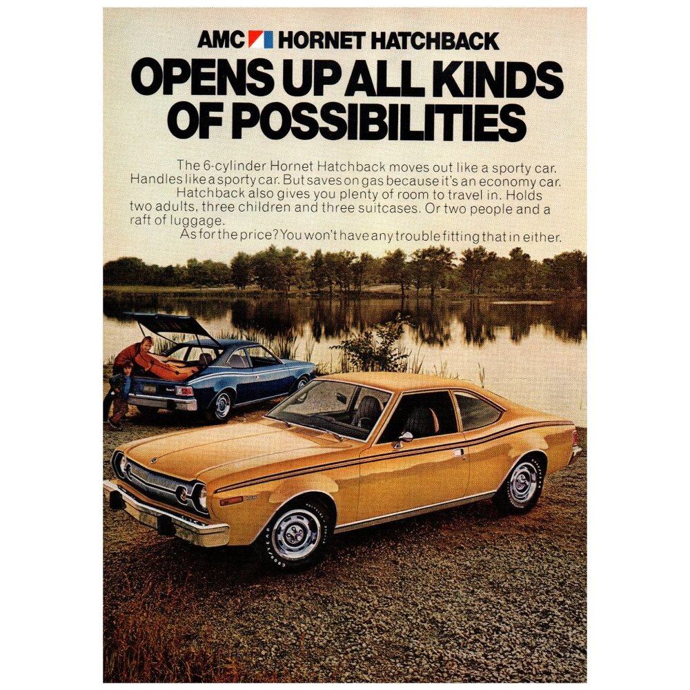 1974 AMC Hornet Hatchback Vintage Print Ad Father Son Lake Camping Raft Yellow